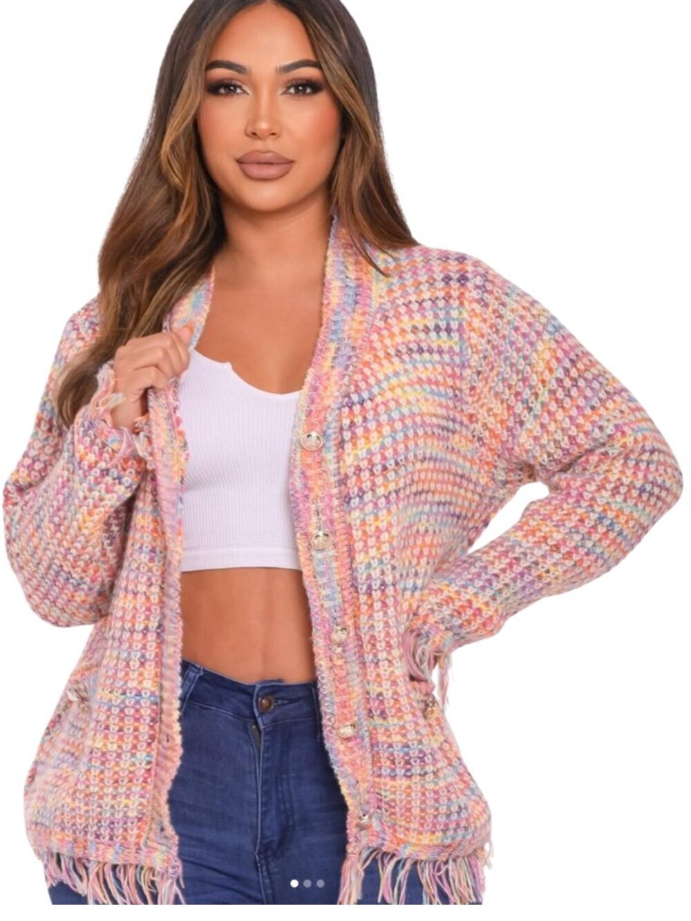 Colorful Fringe Open Knit Cardigan One Size Boho Fairy Fancy Dream Sweater Layer